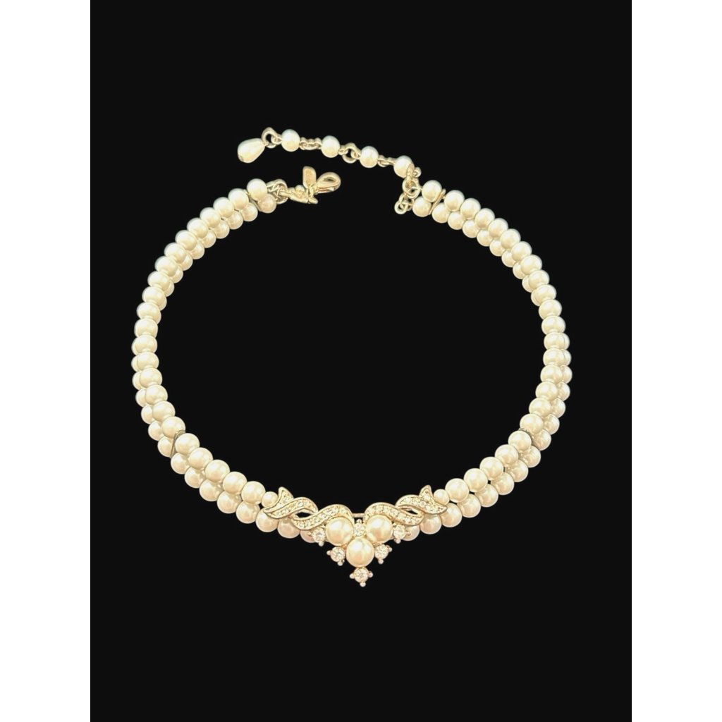 Christina Collection Faux Pearl Memory Wire Choker Rhinestone X2 Strand Necklace